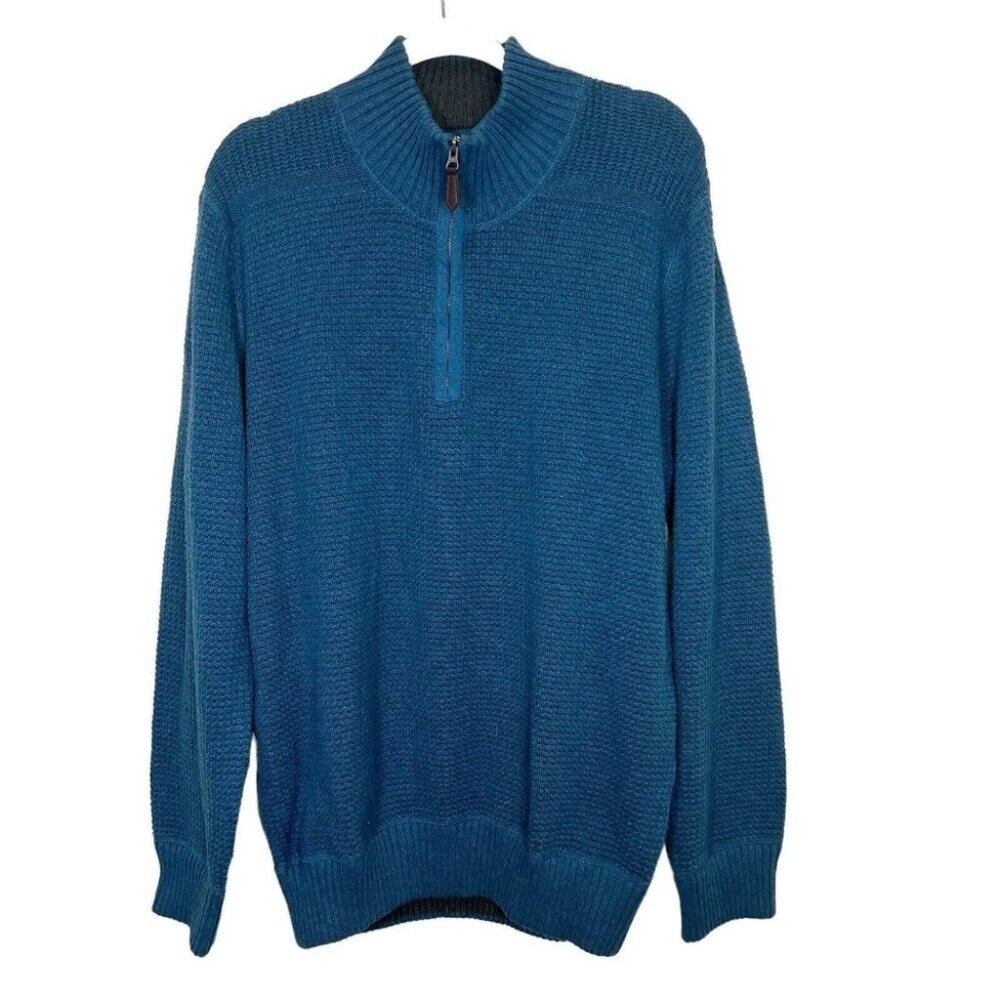 Mens Blue Quarter Zip Sweater Pullover Waffle Knit Ribbed Mock Neck